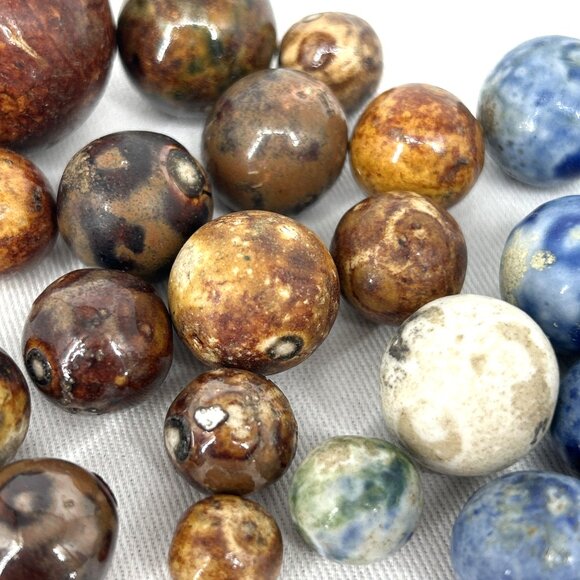 Bennington Marbles 32 Piece Lot Blue Brown Salt Glazed Clay Largest 31mm - Picture 4 of 9